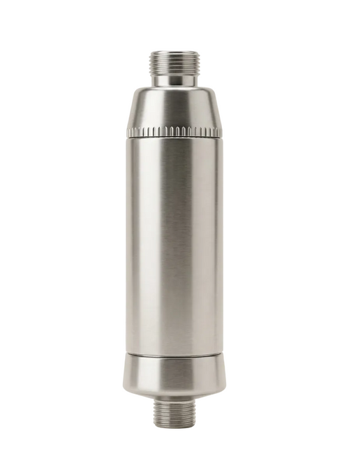 A brushed stainless steel cylindrical metal component with threaded ends, photographed upright on a clean off-white background.
